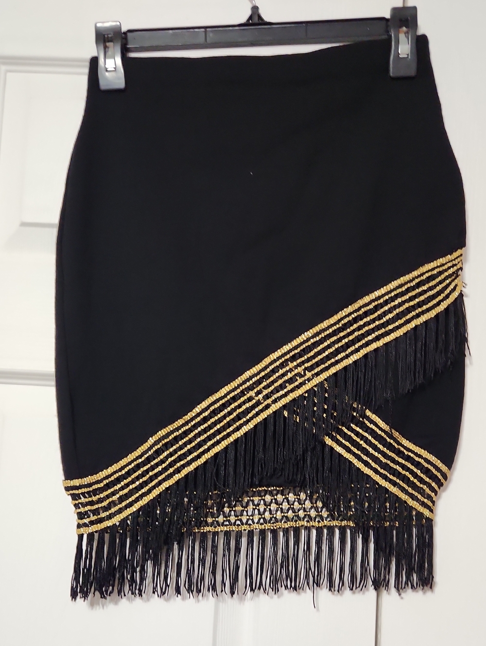 Christina Black Mini Skirt with Gold Fringe Accents